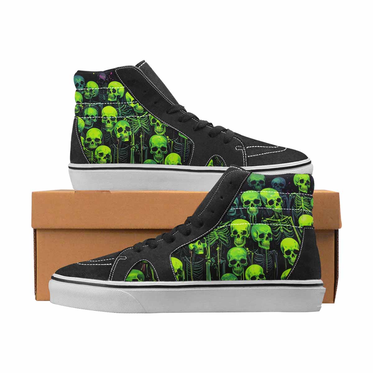 WOMEN'S Skulls Neon Green Glow High Top Canvas Statement Wallpaper Art Custom Shoes