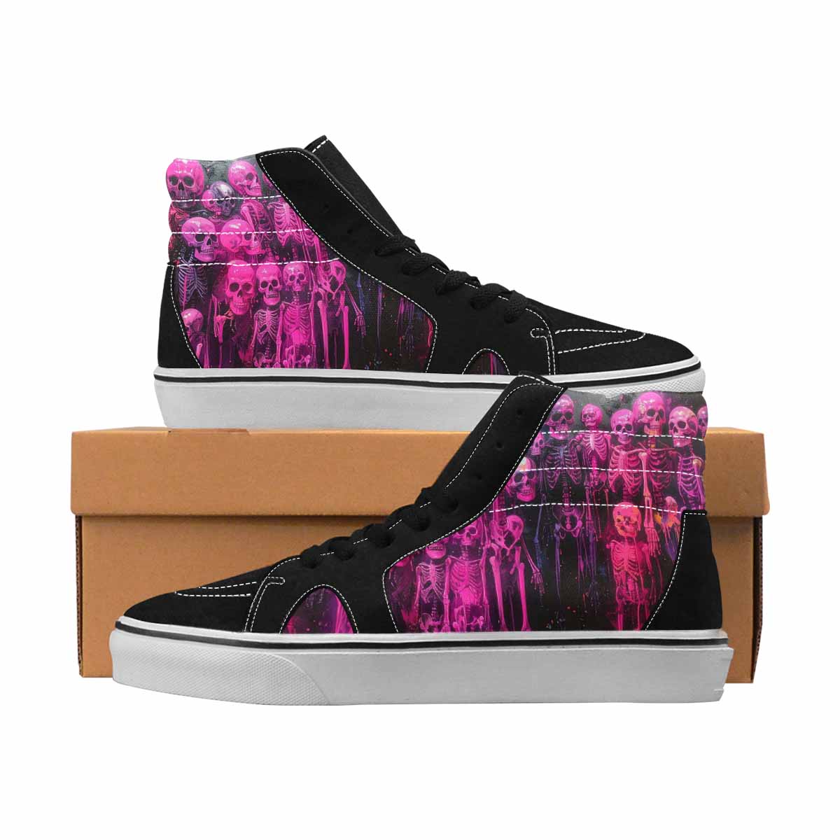 MEN'S Skulls Neon Pink Glow High Top Canvas One Of A Kind Wallpaper Art Custom Sneakers