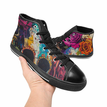 MEN'S Skulls Roses Acid Wash High Top Canvas Grunge Shoes