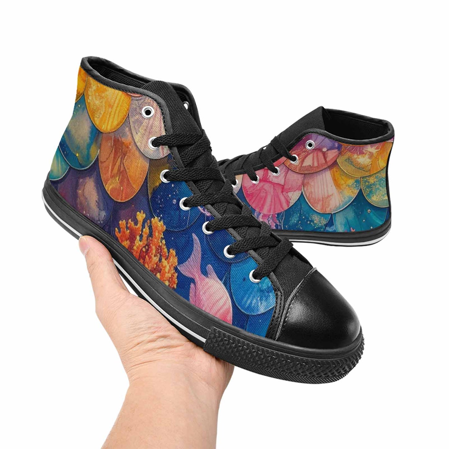 WOMEN'S Fish Scale Coral High Top Canvas Dark Academia Custom Sneakers