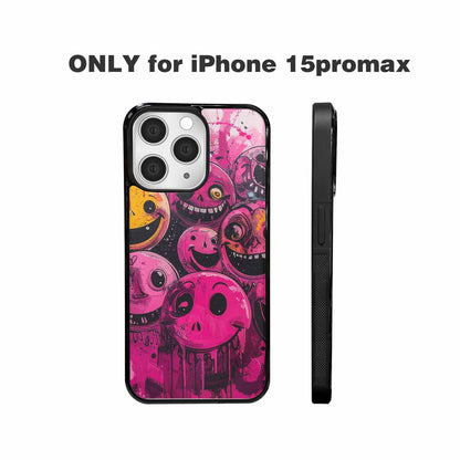 iPhone 15 Pro Max Case — Melting Moon Smiley Black Pink Ink, Custom Designed Case Cover