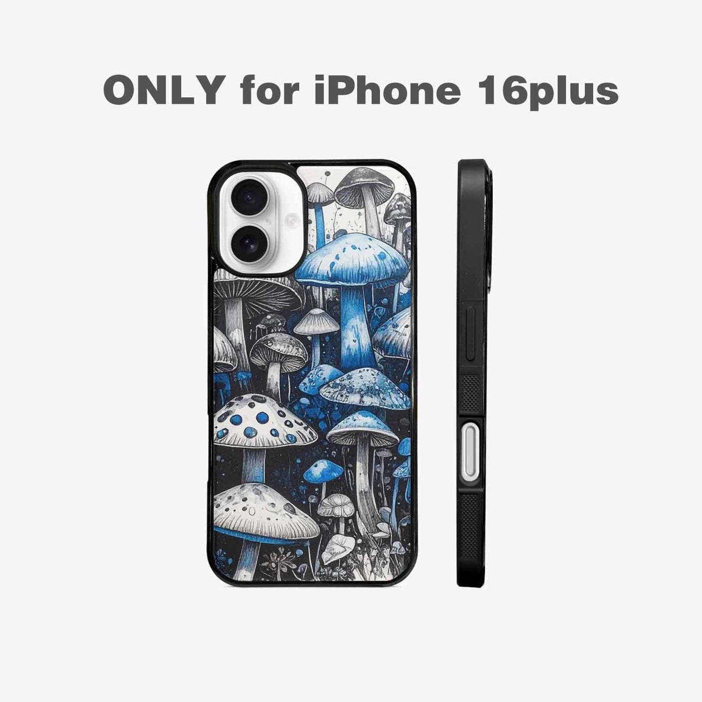 iPhone 16 Plus Case — Mushrooms General Black Blue Ink Mushrooms, Custom Print Case Cover