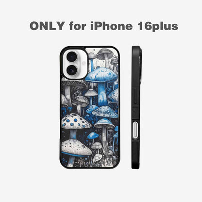 iPhone 16 Plus Case — Mushrooms General Black Blue Ink Mushrooms, Custom Print Case Cover