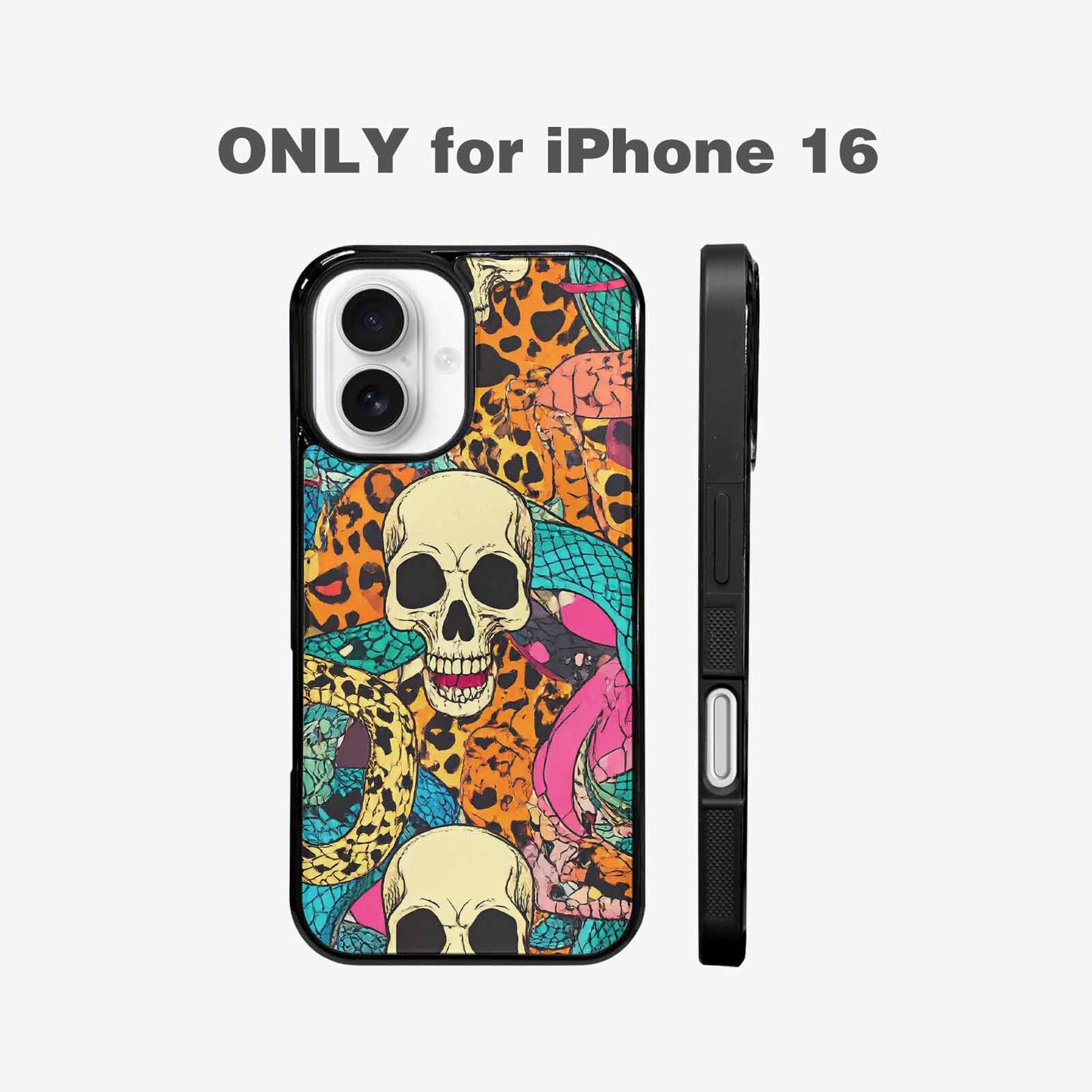 iPhone 16 Case — Snake Print Skull Custom, Customized Protective Case