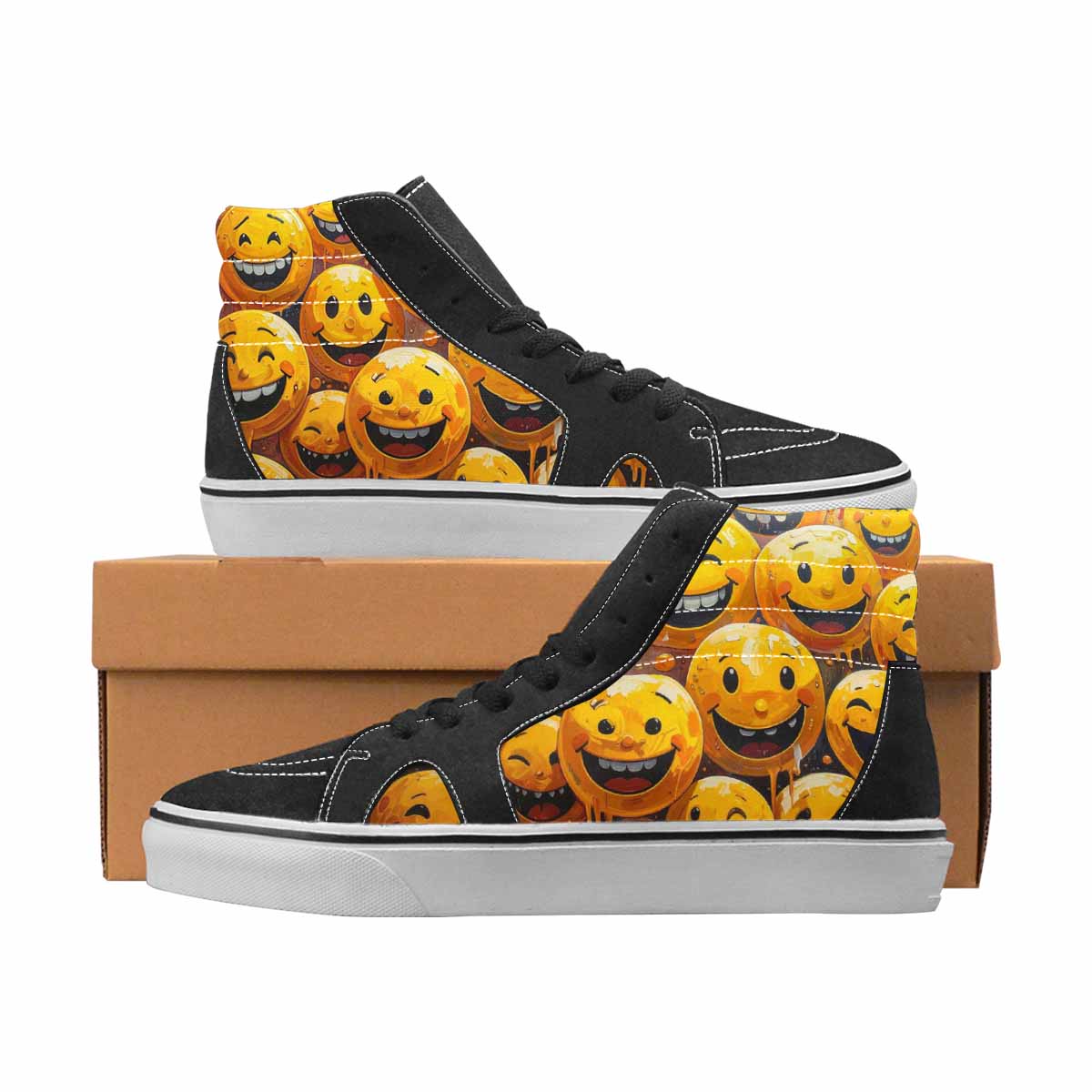 WOMEN'S Smiley Face Yellow High Top Canvas Made To Order Y2K Custom Art Shoes