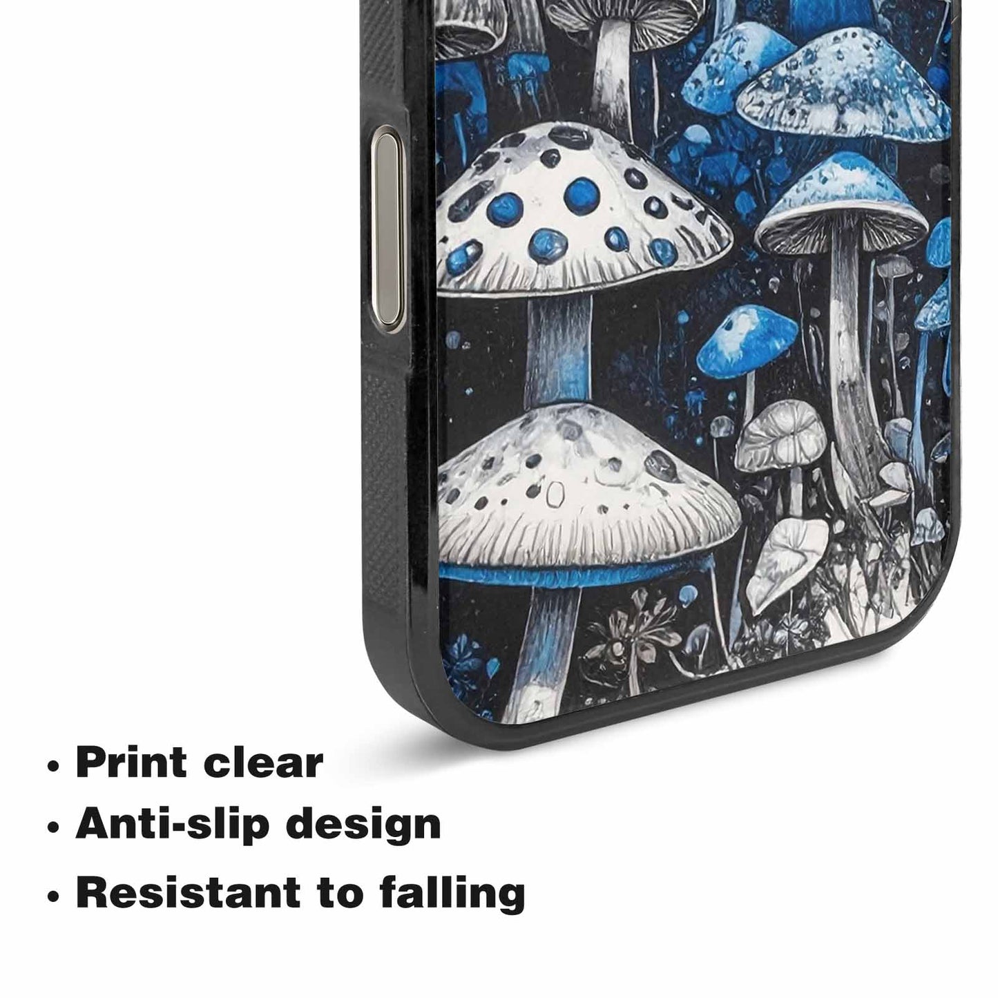 iPhone 16 Pro Max Case — Mushrooms General Black Blue Ink Mushrooms, Custom Art Phone Cover