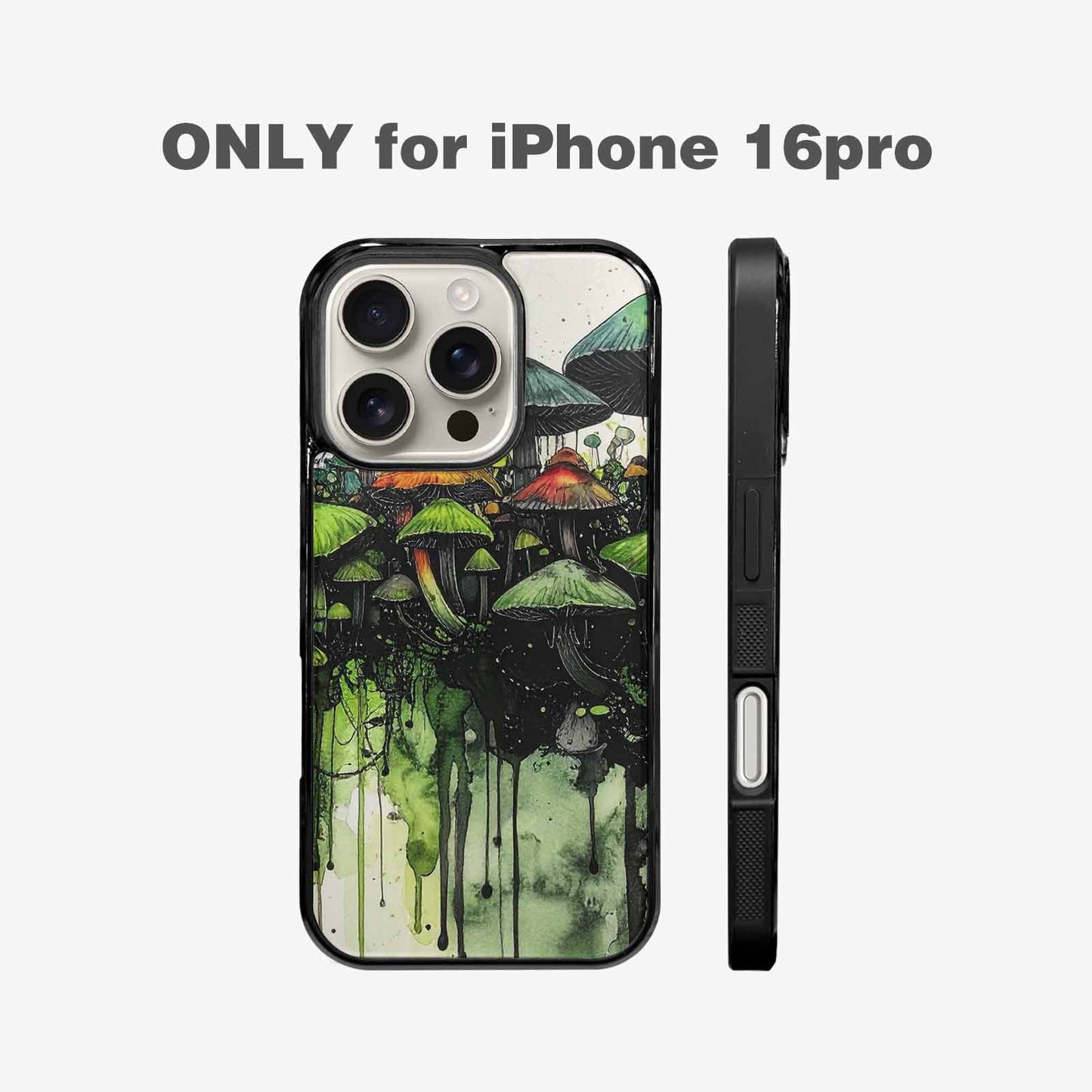 iPhone 16 Pro Case — Rainbow Drip Mushrooms Black Green Ink, Customized Protective Case