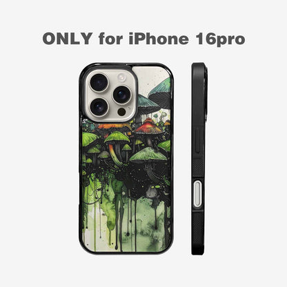 iPhone 16 Pro Case — Rainbow Drip Mushrooms Black Green Ink, Customized Protective Case