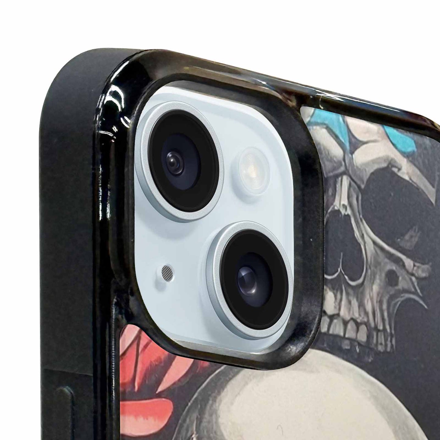 iPhone 15 Plus Case — Skulls Roses Biker Tattoo, Custom Made Phone Cover