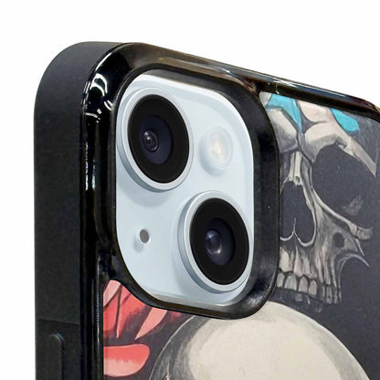 iPhone 15 Plus Case — Skulls Roses Biker Tattoo, Custom Made Phone Cover