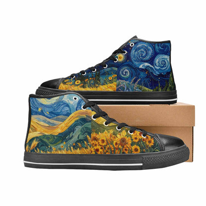 WOMEN'S Van Gogh-Style Swirl High Top Canvas Neon Fantasy Sneakers