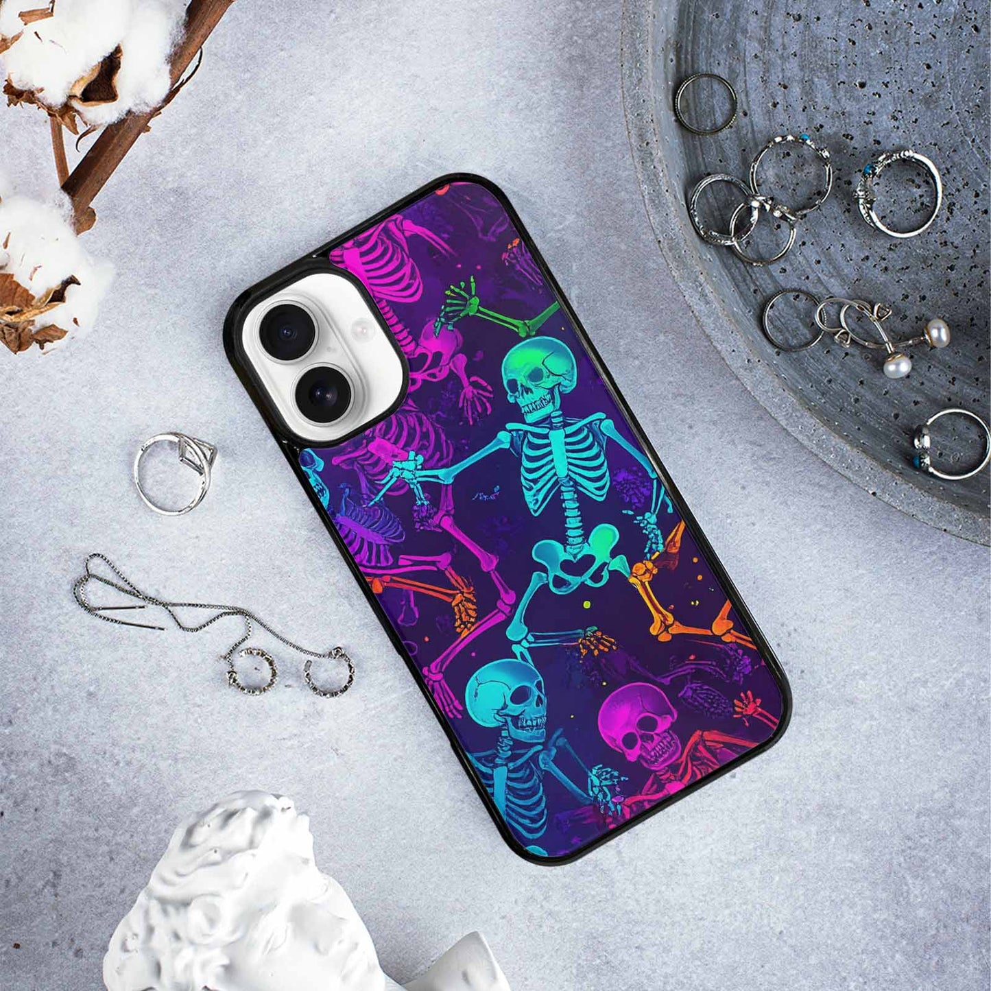 iPhone 16 Plus Case — Glowing Skeleton Pattern Hundreds Of Small, Custom Print Case Cover