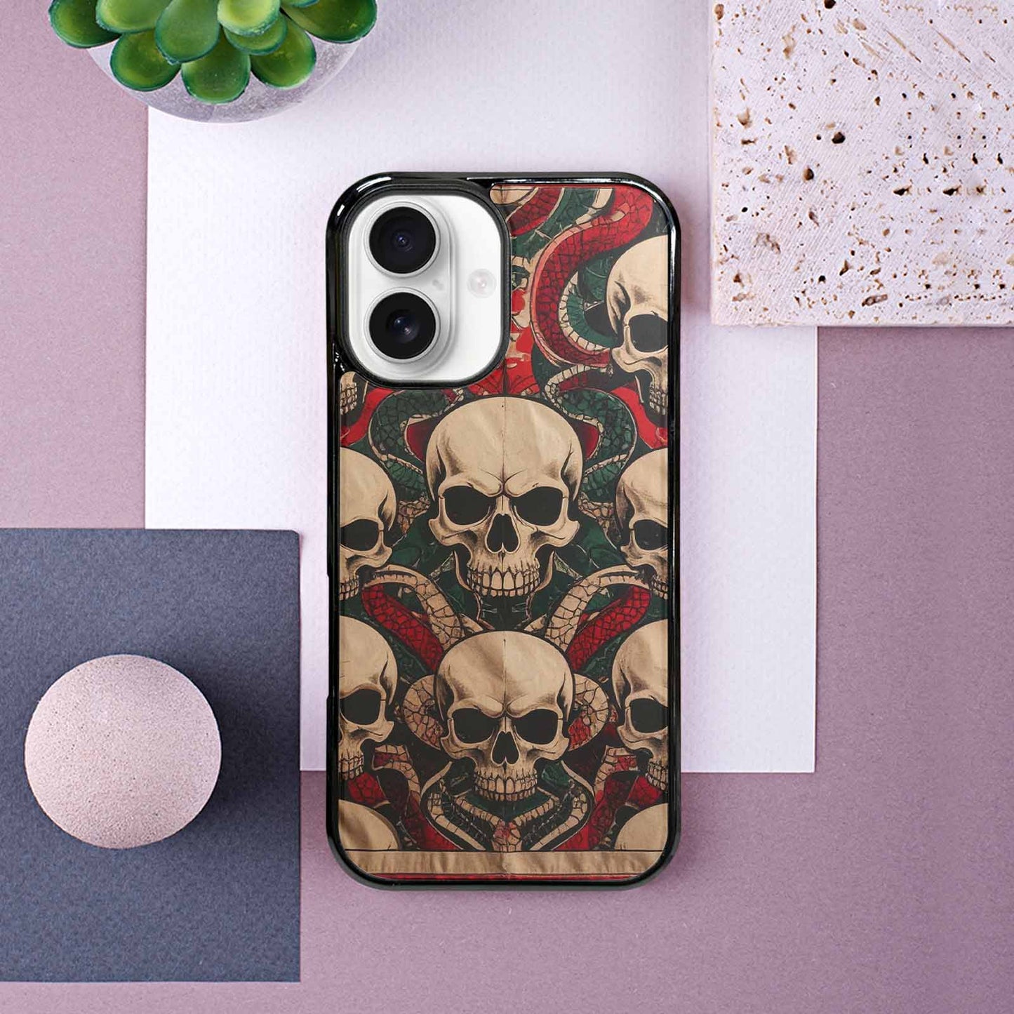 iPhone 16 Case — Traditional Tattoo Style Skulls Entwined With, Unique Phone Case Design