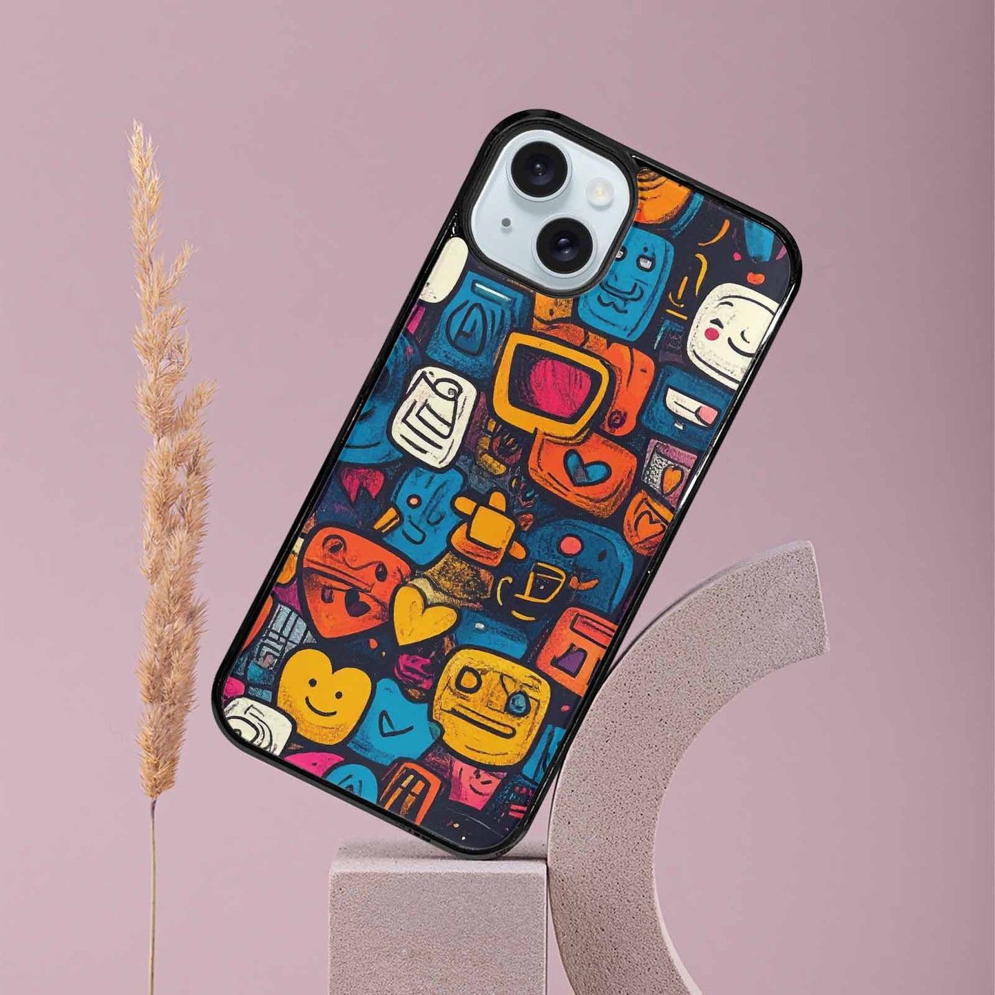 iPhone 15 Plus Case — Hand Drawn Icon Doodle Pattern Hundreds, Customized Protective Case