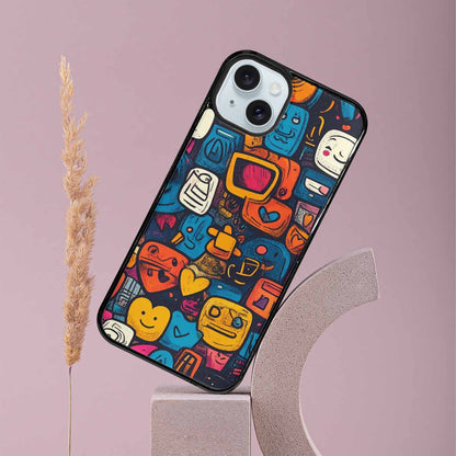 iPhone 15 Plus Case — Hand Drawn Icon Doodle Pattern Hundreds, Customized Protective Case
