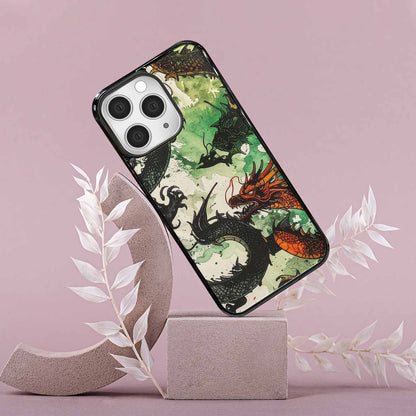 iPhone 15 Pro Max Case — Dragon Scale Black Green Ink Dragons, Unique Phone Case Design
