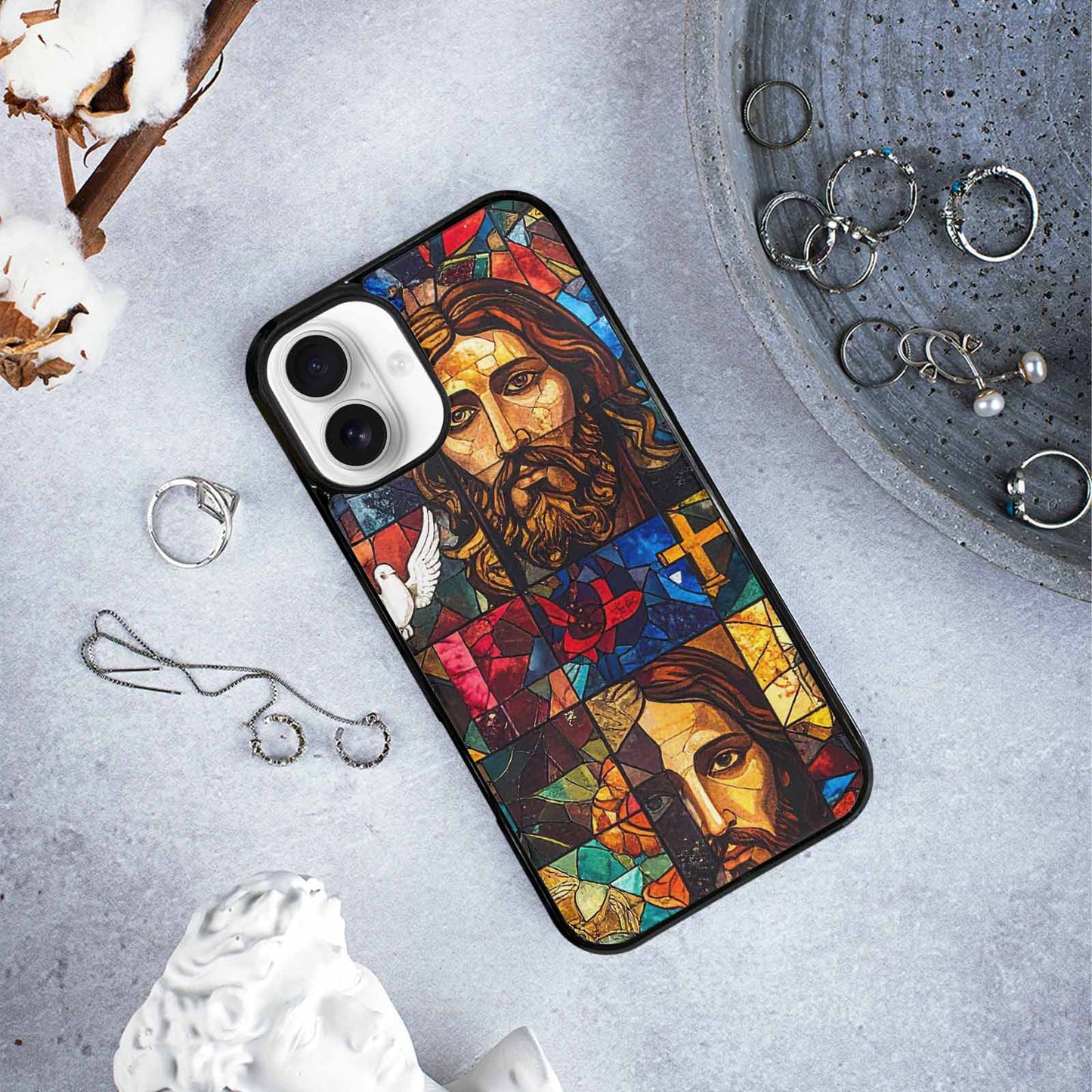 iPhone 16 Plus Case — Jesus Face Small Cross And Faith, Original Design Phone Case
