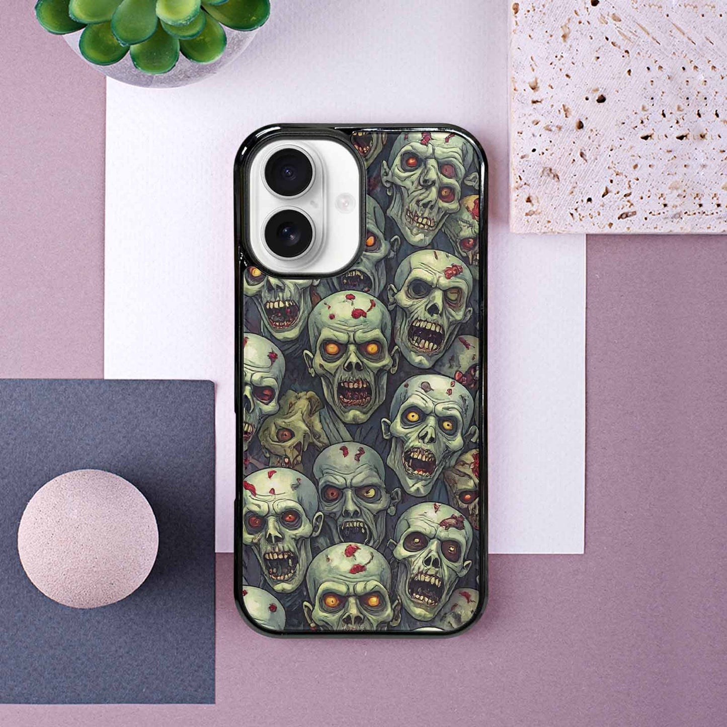 iPhone 16 Case — Zombie Head Pattern Hundreds Of Small, Custom Printed Phone Case