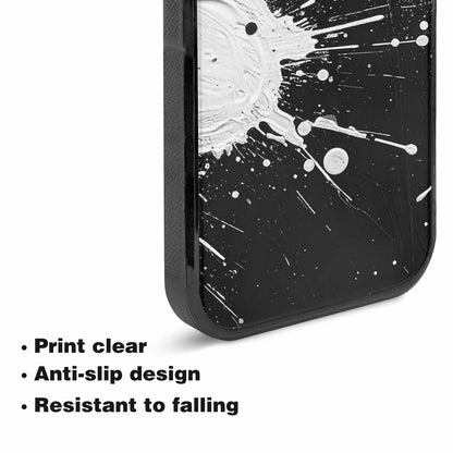iPhone 15 Plus Case — White Ink Splatter Texture On Black, Custom Made Phone Cover