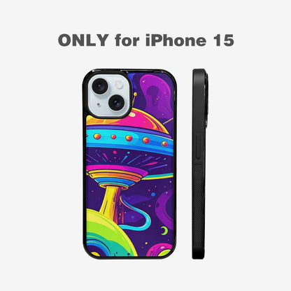 iPhone 15 Case — Alien Ufo Cartoon Art Pattern Groovy, Customized Protective Case