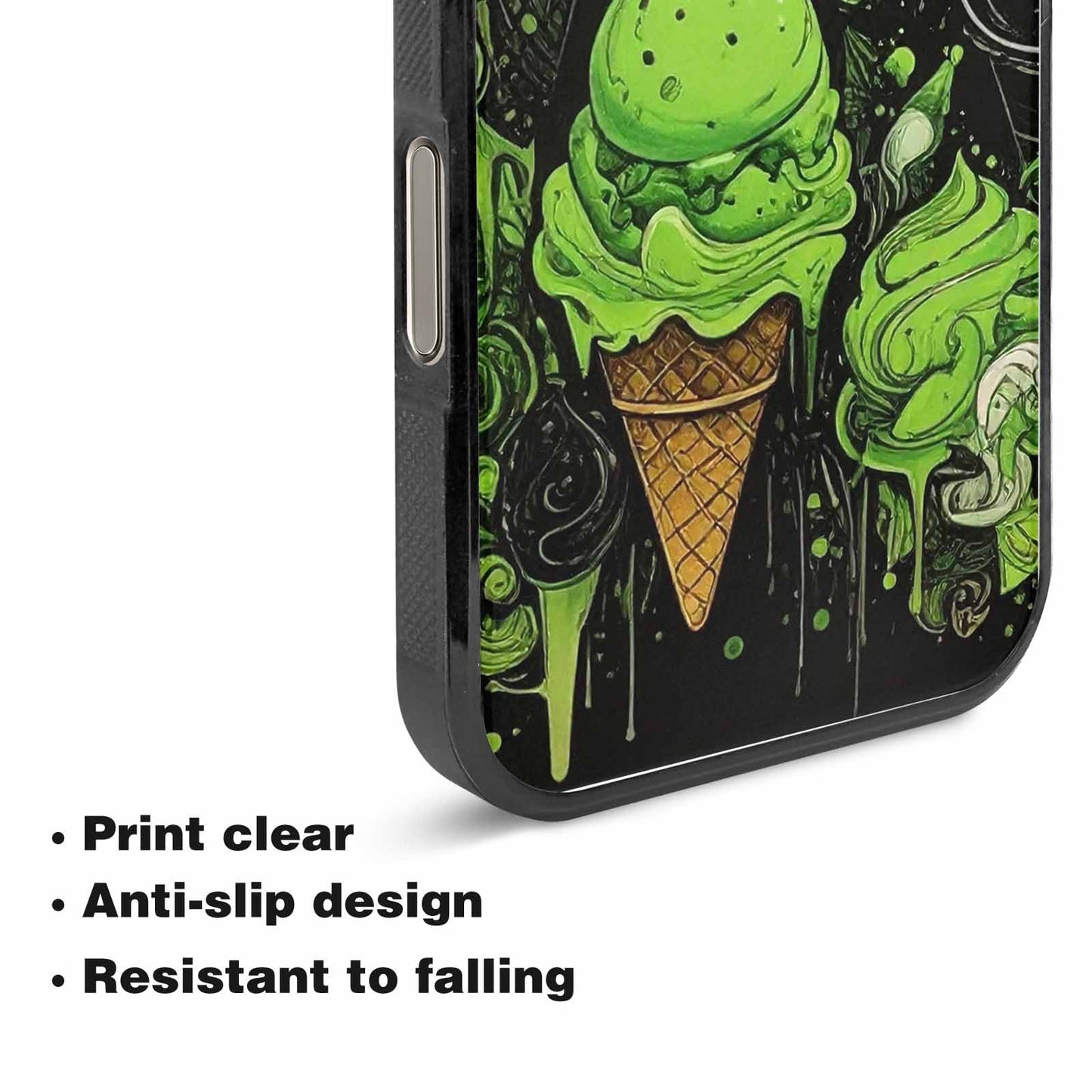 iPhone 15 Pro Max Case — Ice Cream Motif Black Green Ink, Unique Phone Case Design