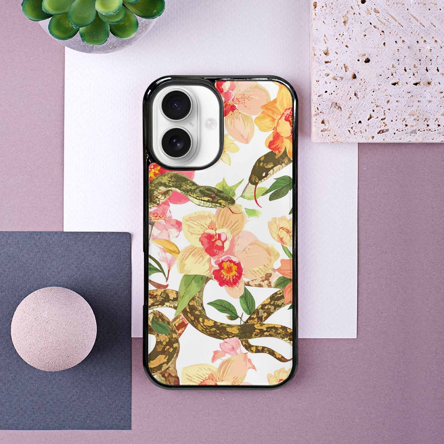 iPhone 16 Case — Floral Snake Print, Personalized Phone Case
