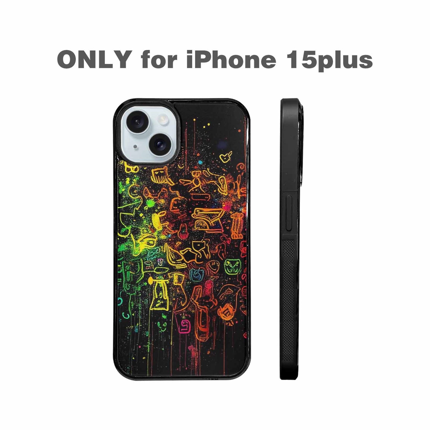 iPhone 15 Plus Case — Neon Glow Outline Icon Pattern Hundreds, Personalized Phone Case