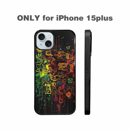 iPhone 15 Plus Case — Neon Glow Outline Icon Pattern Hundreds, Personalized Phone Case