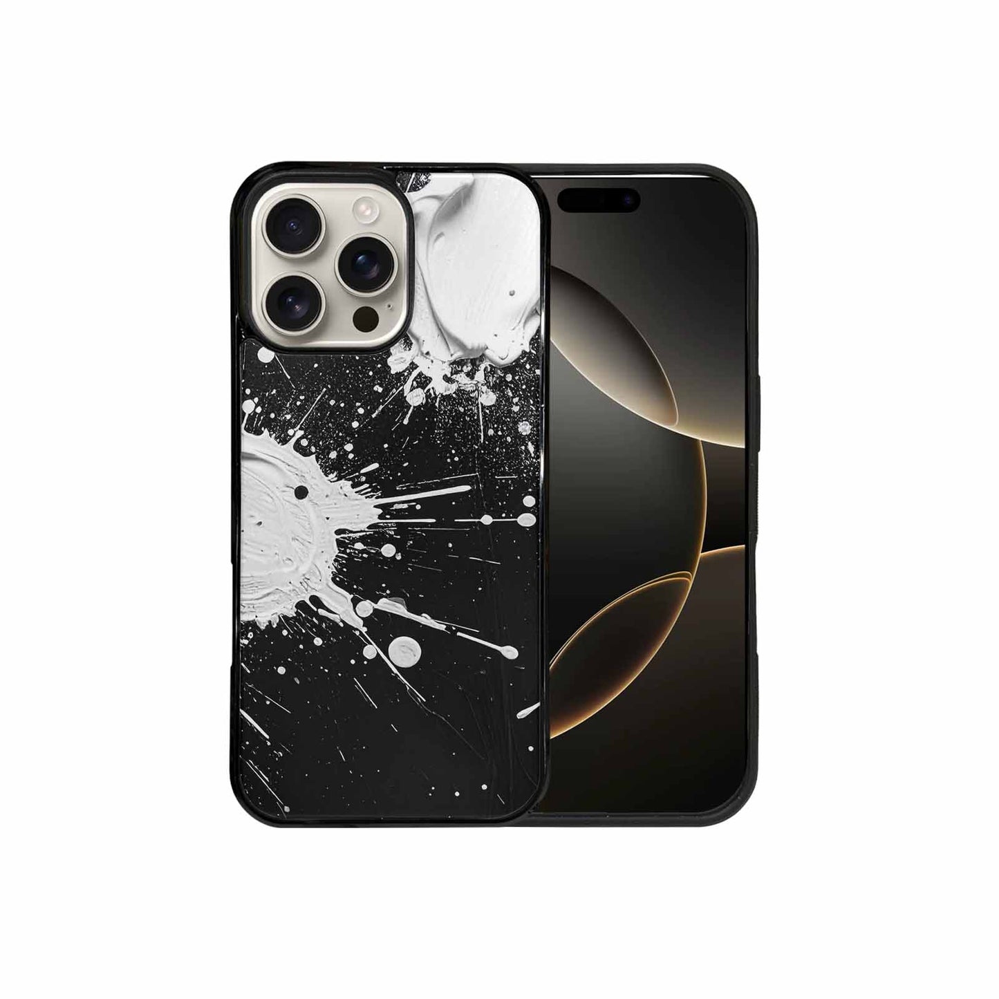 iPhone 16 Pro Max Case — White Ink Splatter Texture On Black, Custom Printed Phone Case