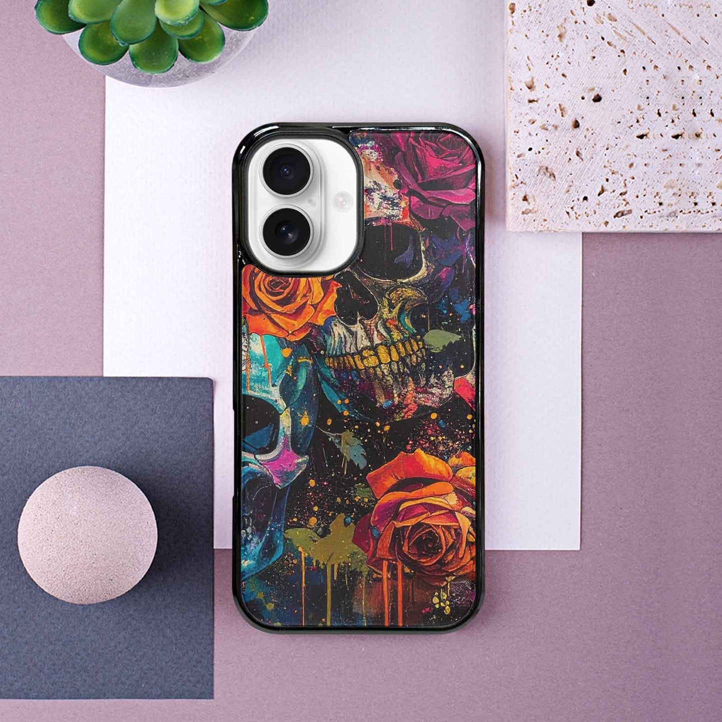 iPhone 16 Case — Skulls Roses Acid Wash Custom, Personalized Phone Case