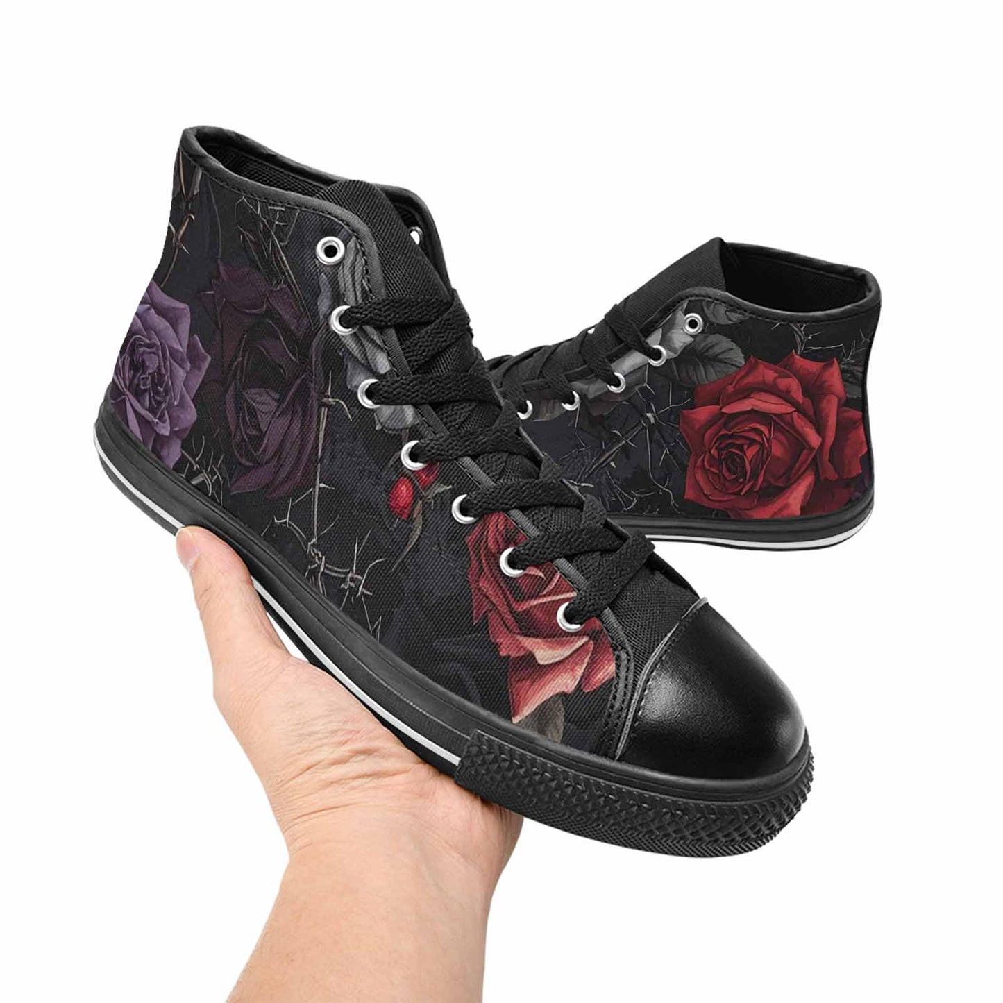 MEN'S Black Gothic Rose High Top Canvas Neon Fantasy Custom Shoes