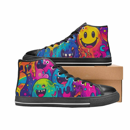 MEN'S Yellow Smiley Face High Top Canvas Grunge Custom Shoes