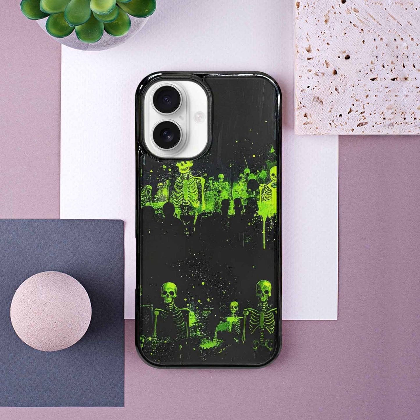 iPhone 16 Case — Skeletons Neon Green Glow Skeletons Pattern, Unique Phone Case Design