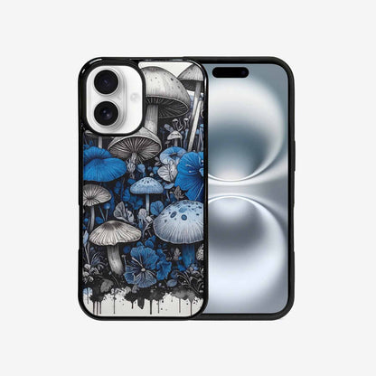 iPhone 16 Case — Mushrooms General Black Blue Ink Mushrooms, Personalized Phone Case