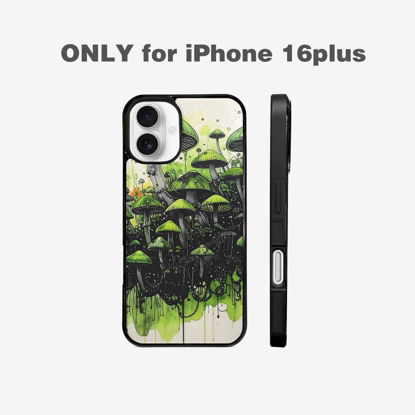 iPhone 16 Plus Case — Rainbow Drip Mushrooms Black Green Ink, Custom Phone Case