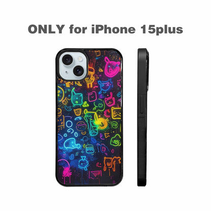 iPhone 15 Plus Case — Neon Glow Outline Icon Pattern Hundreds, Custom Phone Case