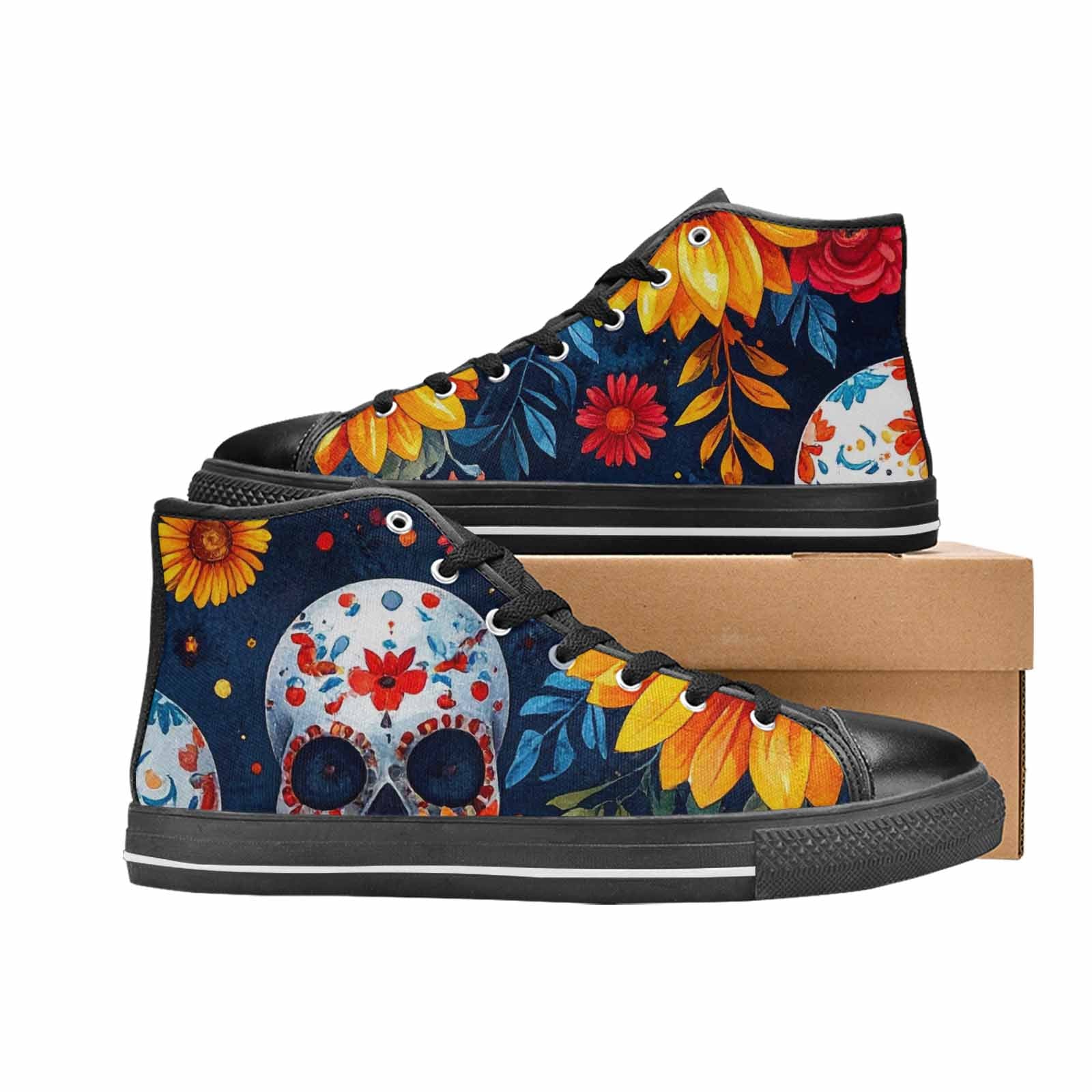 MEN'S Sunflower Skulls Print High Top Canvas Cottagecore Custom Shoes