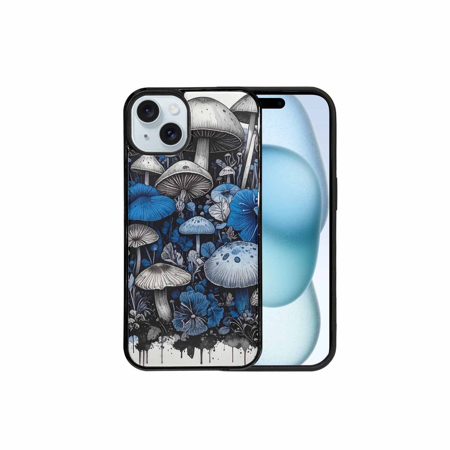 iPhone 15 Plus Case — Mushrooms General Black Blue Ink Mushrooms, Custom Designed Case Cover