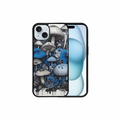 iPhone 15 Plus Case — Mushrooms General Black Blue Ink Mushrooms, Custom Designed Case Cover