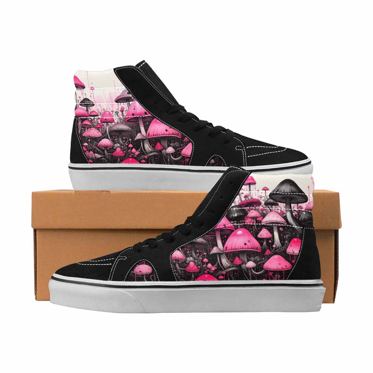 MEN'S Mushrooms Black & Pink Ink High Top Canvas Wearable Art Melting Art Custom Sneakers