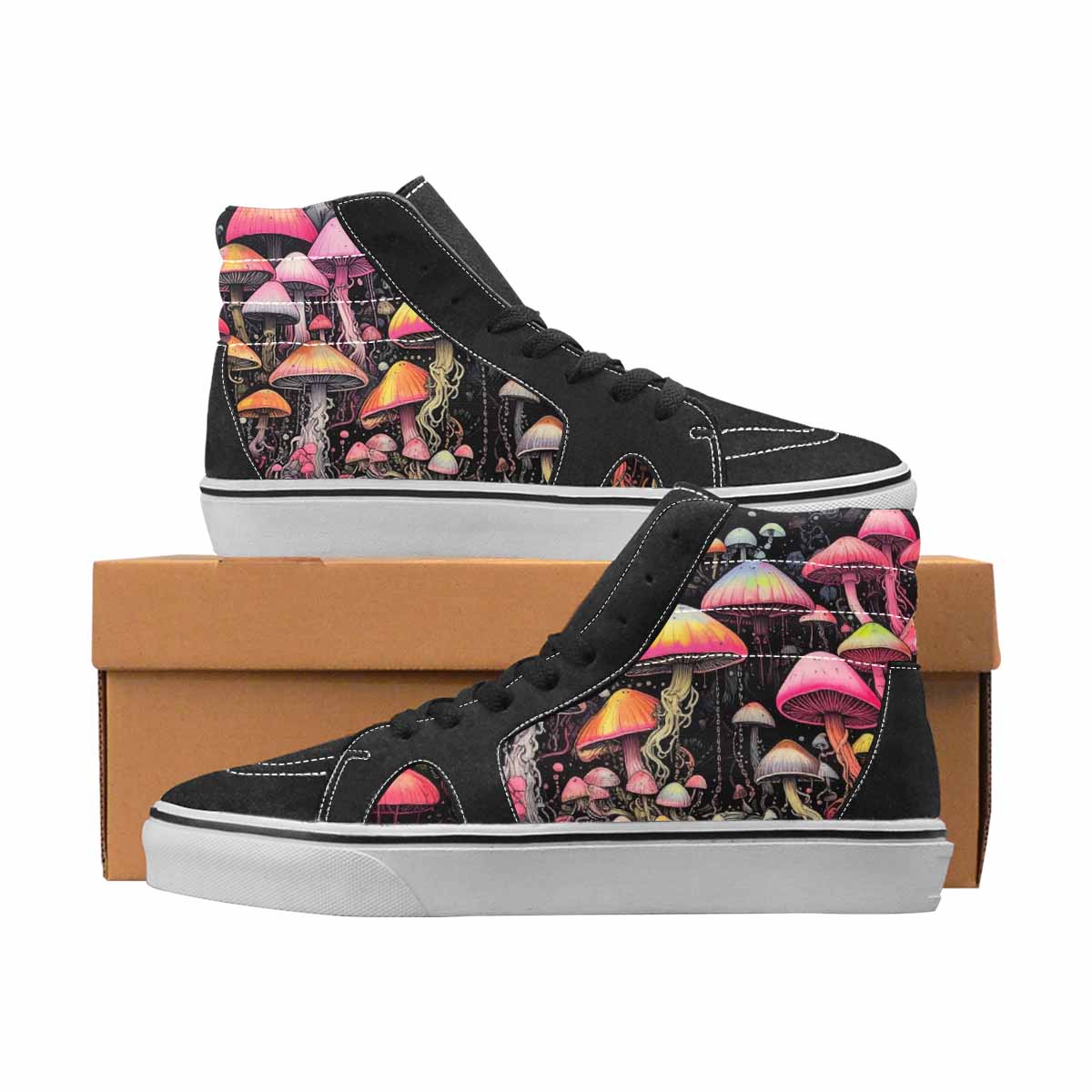 WOMEN'S Mushrooms Black & Pink Ink High Top Canvas Boutique Aesthetic Custom Print Sneakers