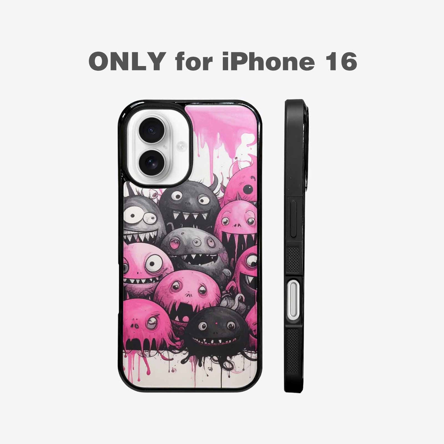 iPhone 16 Case — Monsters General Black Pink Ink Cartoon, Custom Printed Phone Case