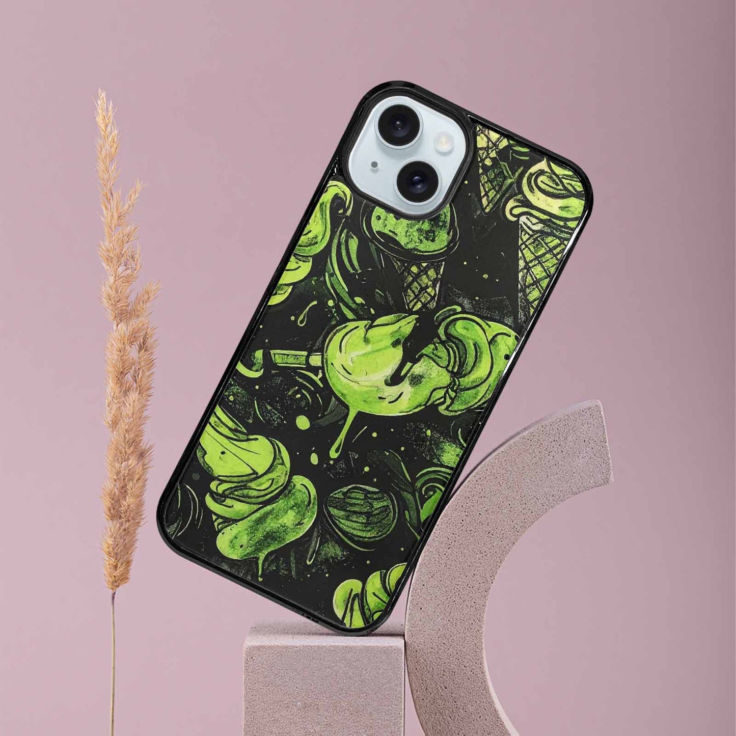 iPhone 15 Plus Case — Ice Cream Motif Black Green Ink, Custom Phone Case