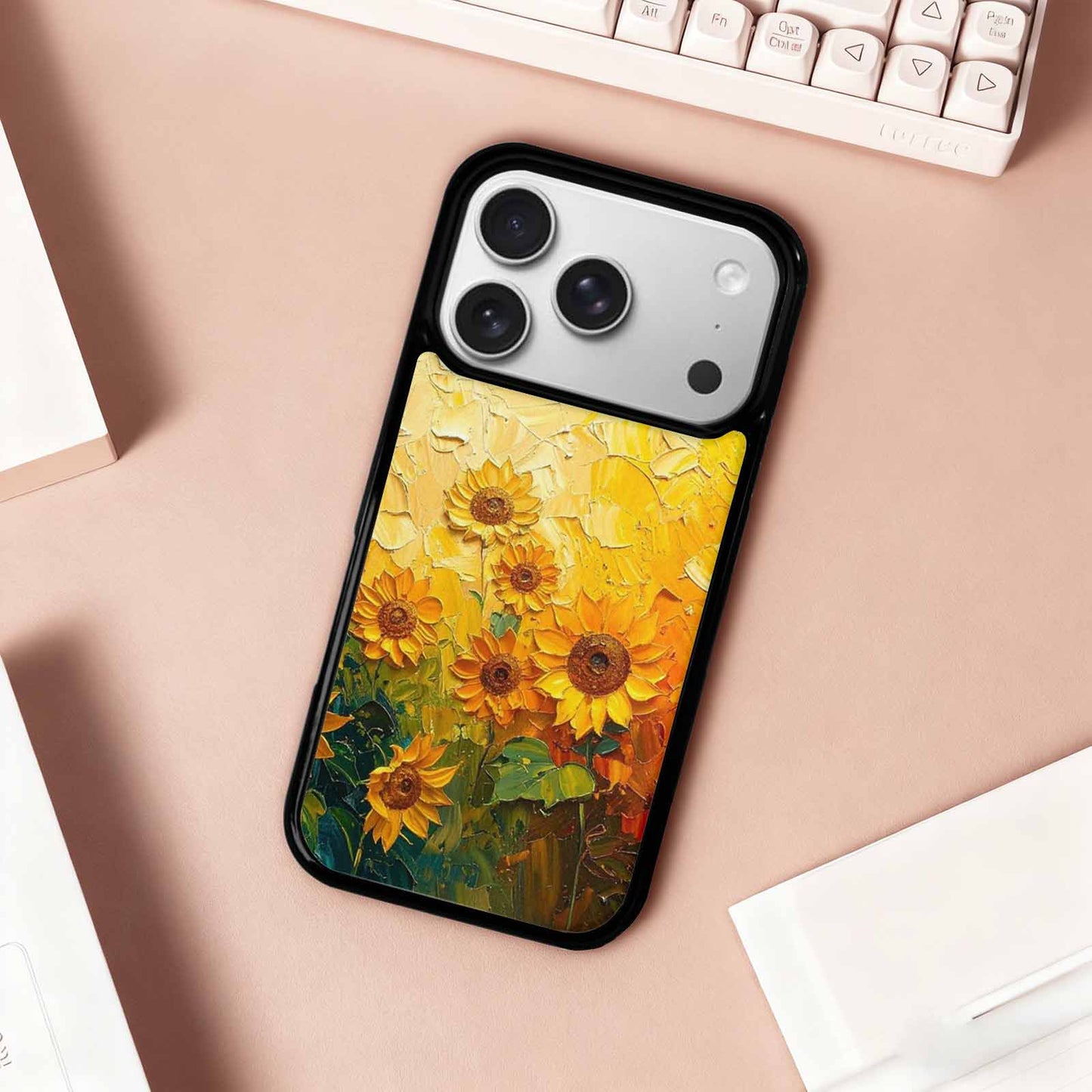 iPhone 17 Pro Case — Impressionist Sunflower Brushstroke Pattern Hundreds Floral, Custom Printed Phone Case