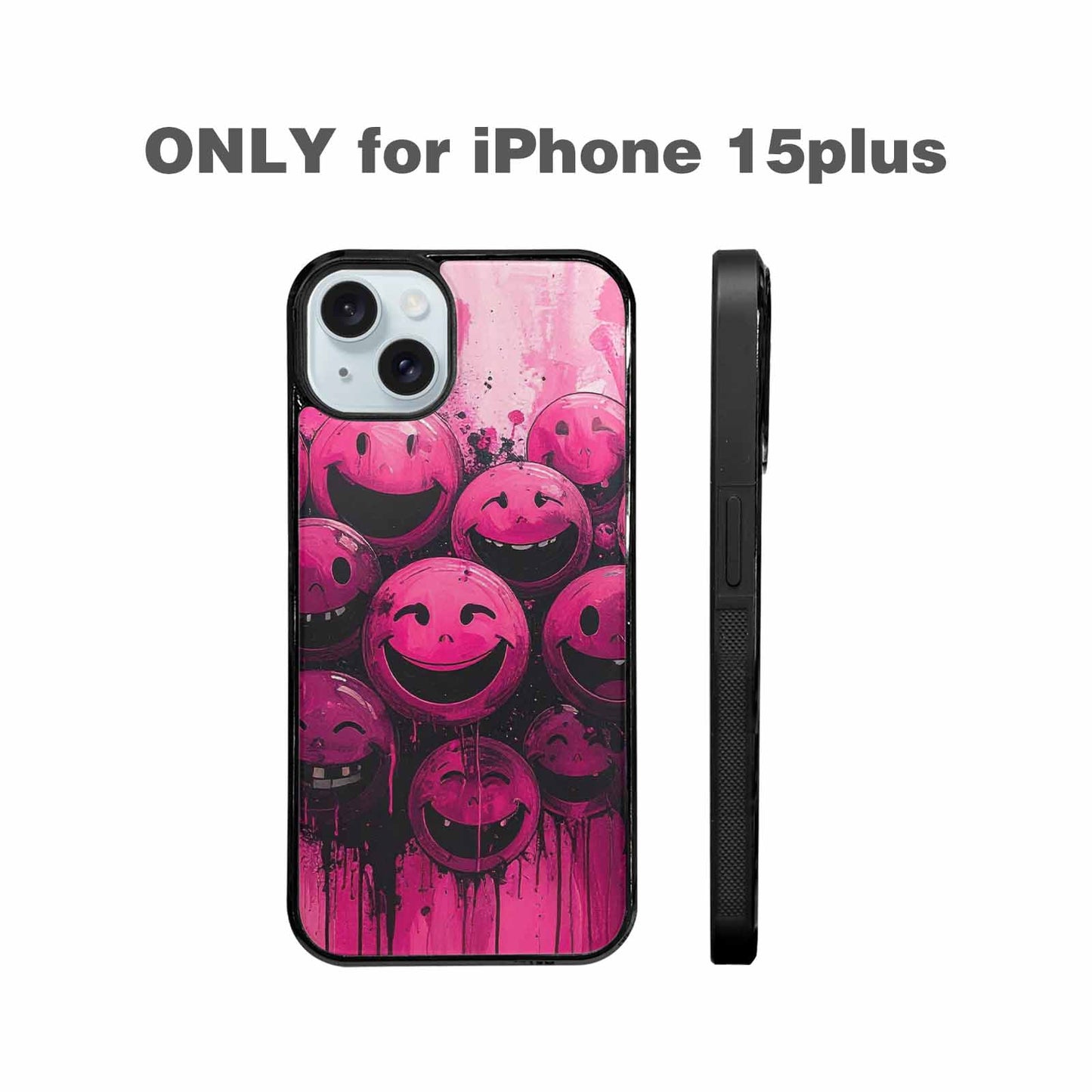 iPhone 15 Plus Case — Melting Moon Smiley Black Pink Ink, Personalized Phone Case