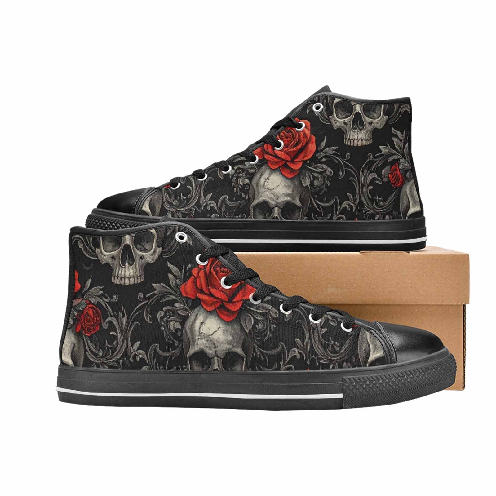 WOMEN'S Skulls Roses Fine Line High Top Canvas Vibrant Chaos Custom Shoes