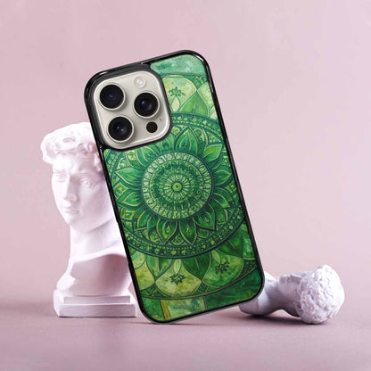 iPhone 16 Pro Case — Green Mandala Bohemian Print Edge To, Custom Made Phone Cover