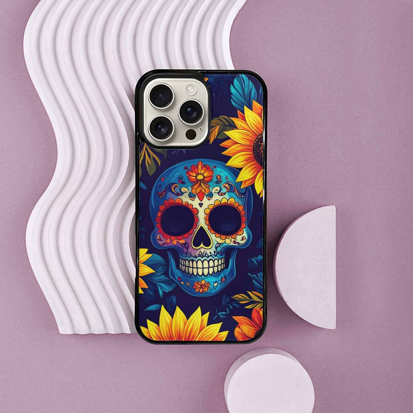 iPhone 16 Pro Max Case — Sunflower Skulls Print, Custom Print Case Cover