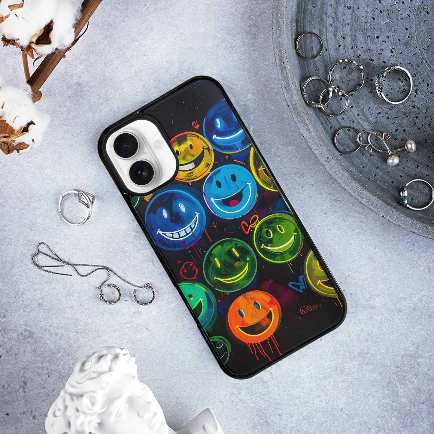 iPhone 16 Plus Case — Smiley Faces Glow Smiley Faces Pattern, Custom Designed Case Cover
