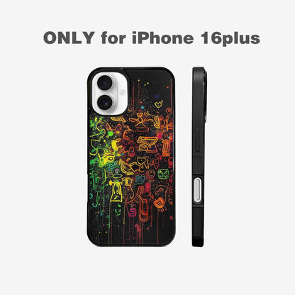 iPhone 16 Plus Case — Neon Glow Outline Icon Pattern Hundreds, Customized Protective Case